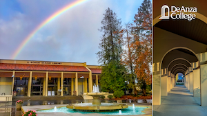 View of rainbow above the De Anza College library and Main Quad fountain. A view of De Anza arches is on the right.