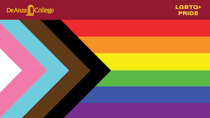 LGBTQ Pride flag with De Anza College logo in the upper left corner