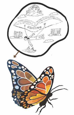 butterfly and drawing of flying book