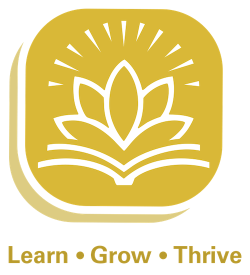 Learn-Grow-Thrive: logo of flower blooming from open pages of book