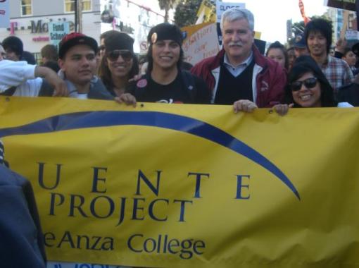 Puente students and De Anza College President at a protest against college budget cuts.