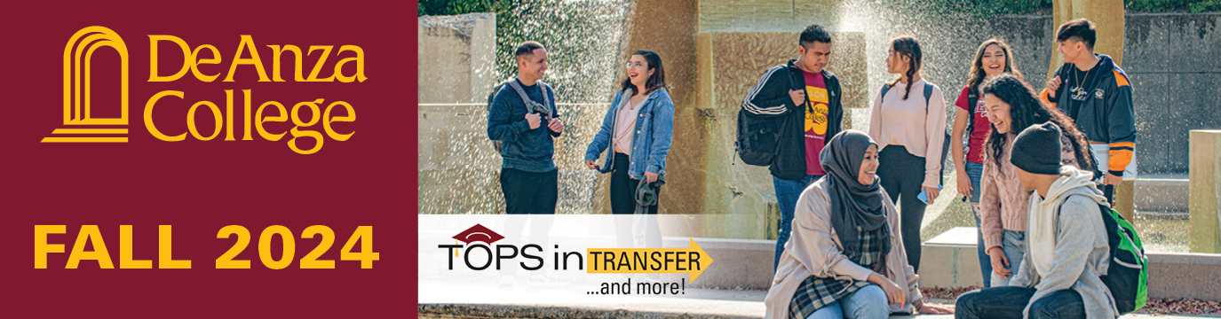 De Anza College Fall 2024 | Tops in Transfer and more! | scene of students talking near fountain in Sunken Garden