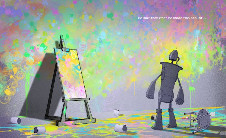 robot looking at painting