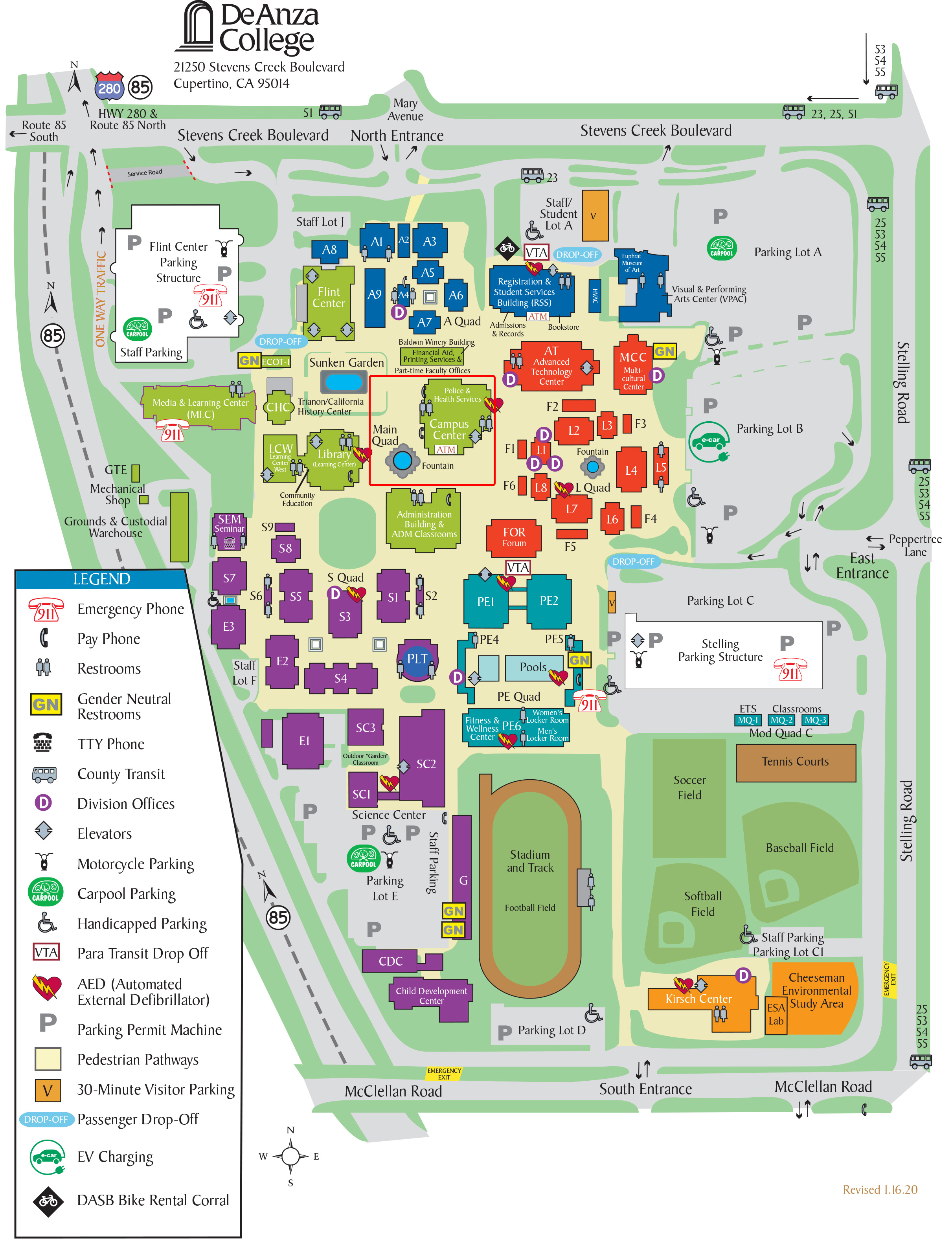Map of the Campus with the Campus Center and Main Quad in a Red Box with Rounded Corners