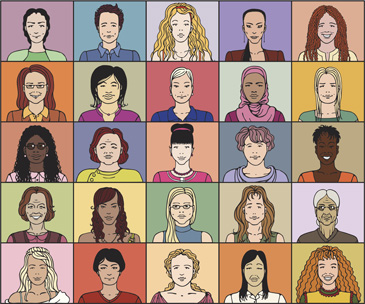 cartoon drawings of diverse women's faces